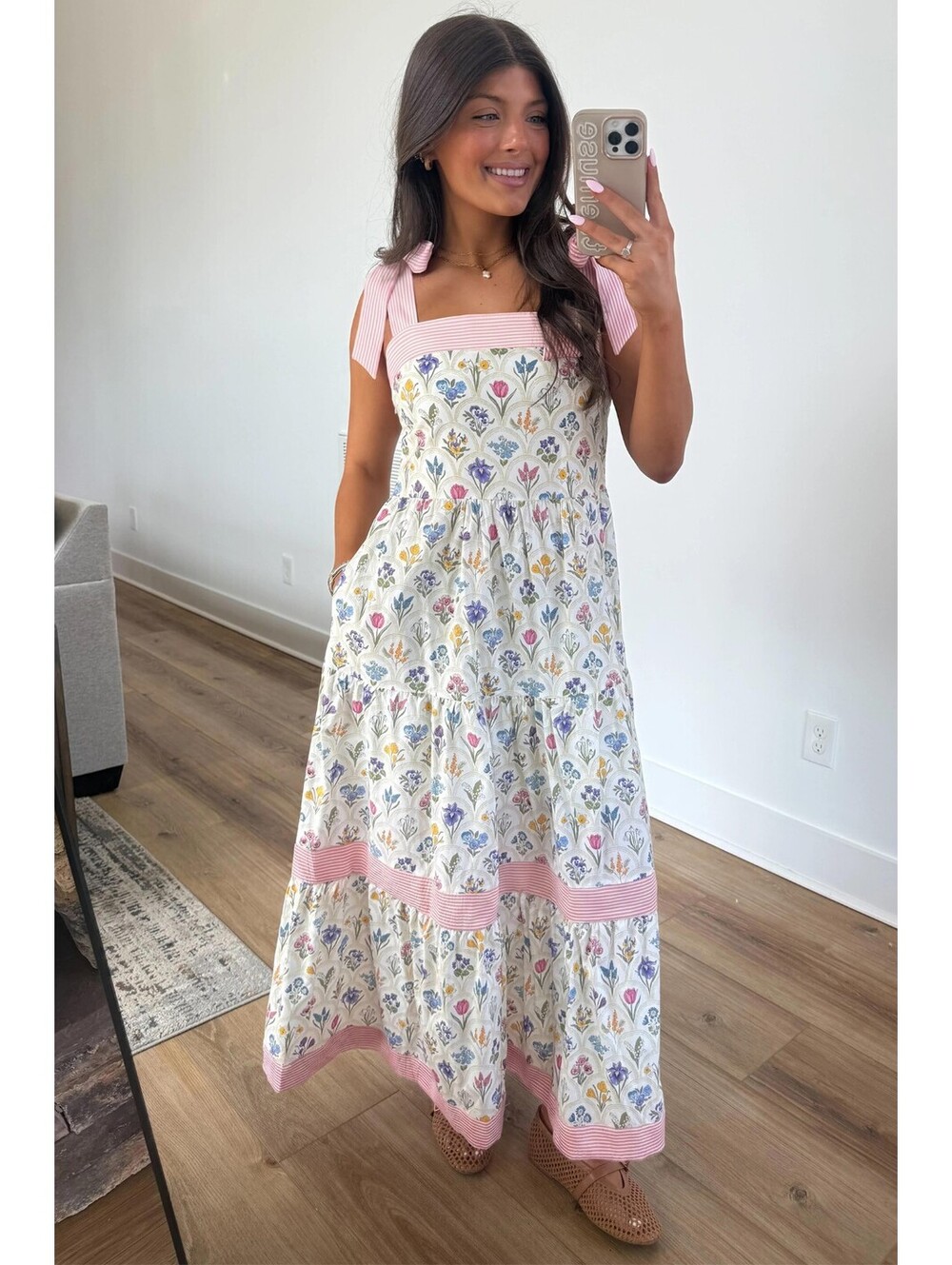 Women's Floral Print Maxi Dress with Pink Trim and Shoulder Ties [COPY] - Picture 2 of 4